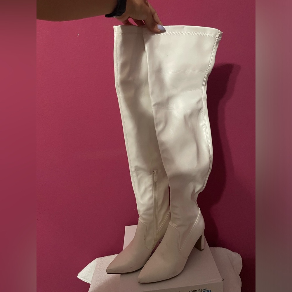 Dream Pairs White Over The Knee Stretch Thigh High Boots Chunky High Heels Point